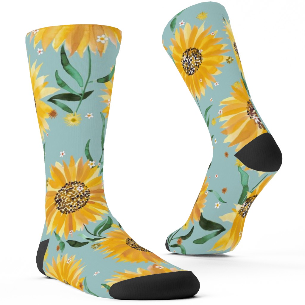 Watercolor Sunflowers - Yellow on Blue Custom Socks, Yellow
