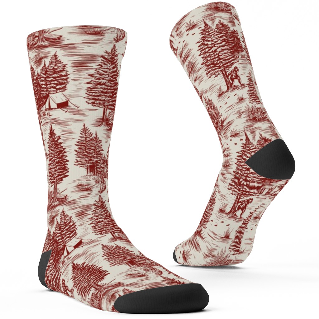 Bigfoot Sasquatch Toile De Jouy Custom Socks, Red, Rich Red