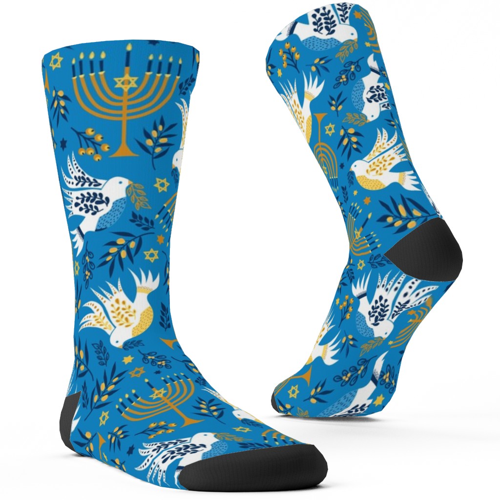 Hanukkah Birds Menorahs - Light Blue Custom Socks, Blue