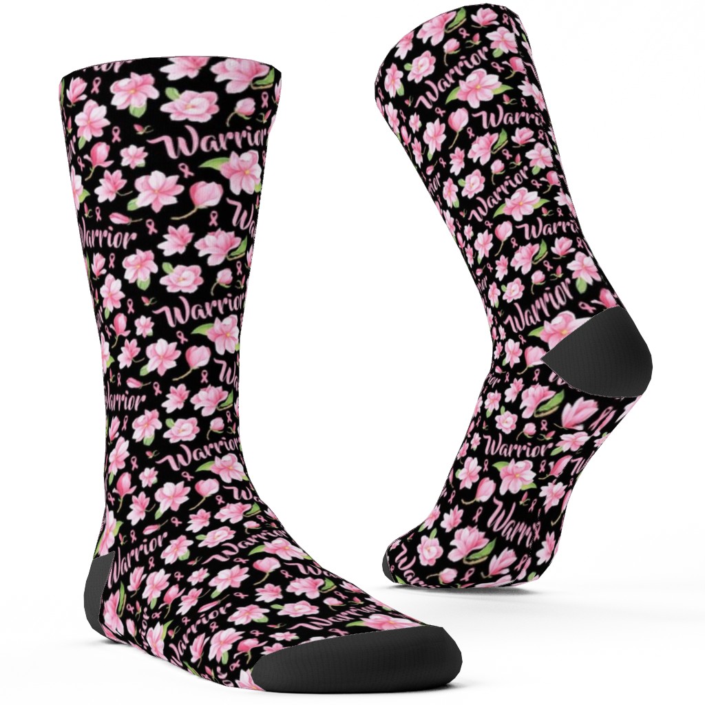 Warrior Pink Ribbon and Flowers - Pink Custom Socks, Pink