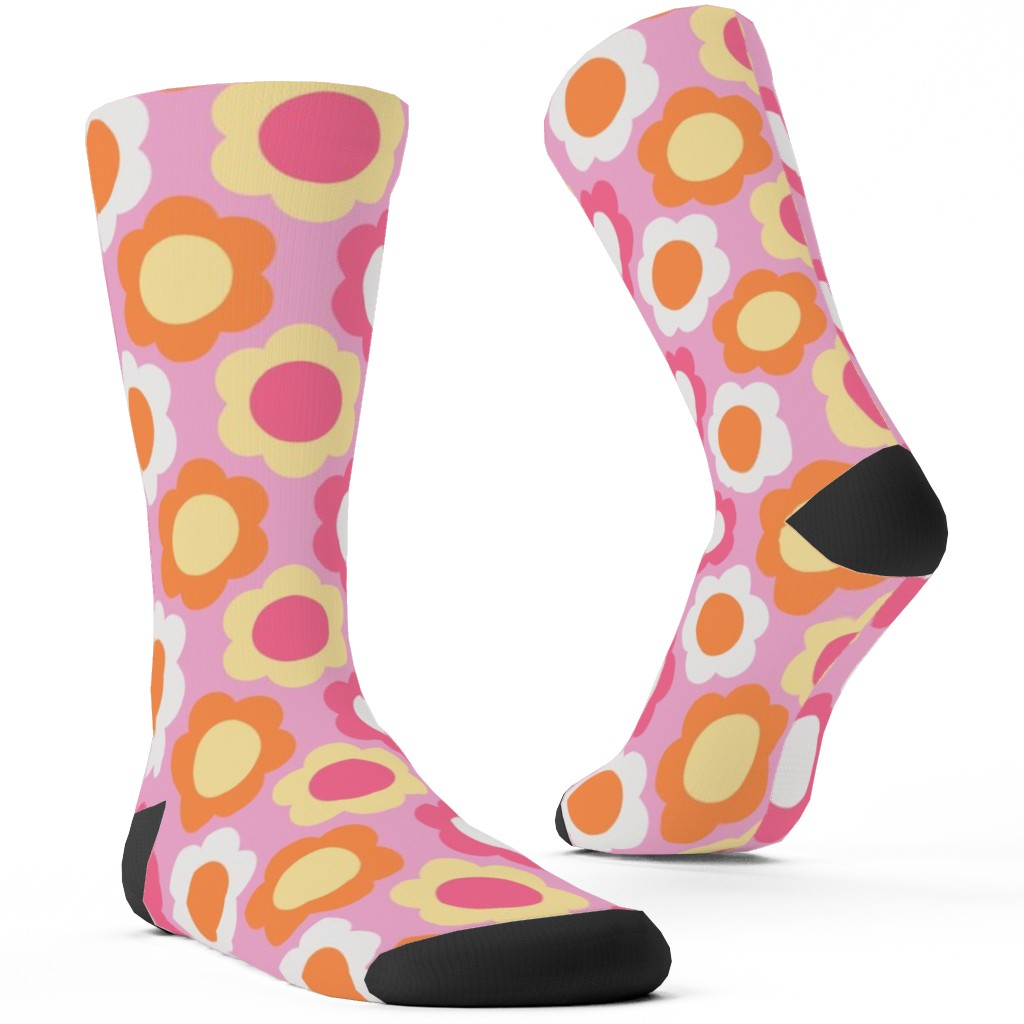 Retro Geometric Flowers - Pink and Orange Custom Socks, Pink