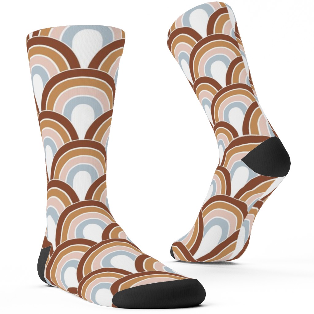 Retro Rainbow Waves - Scales and Curves - Rust Beige Blush Blue on White Custom Socks, Orange