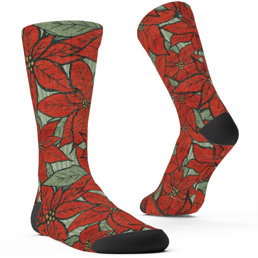 Wild Poinsettias Custom Socks, Red