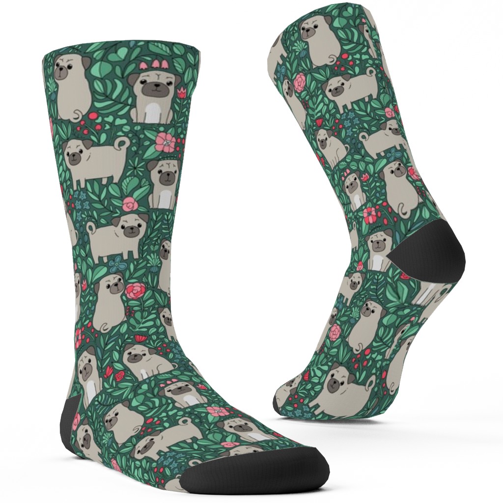 Cute Pugs and Flowers - Multicolor Custom Socks, Green