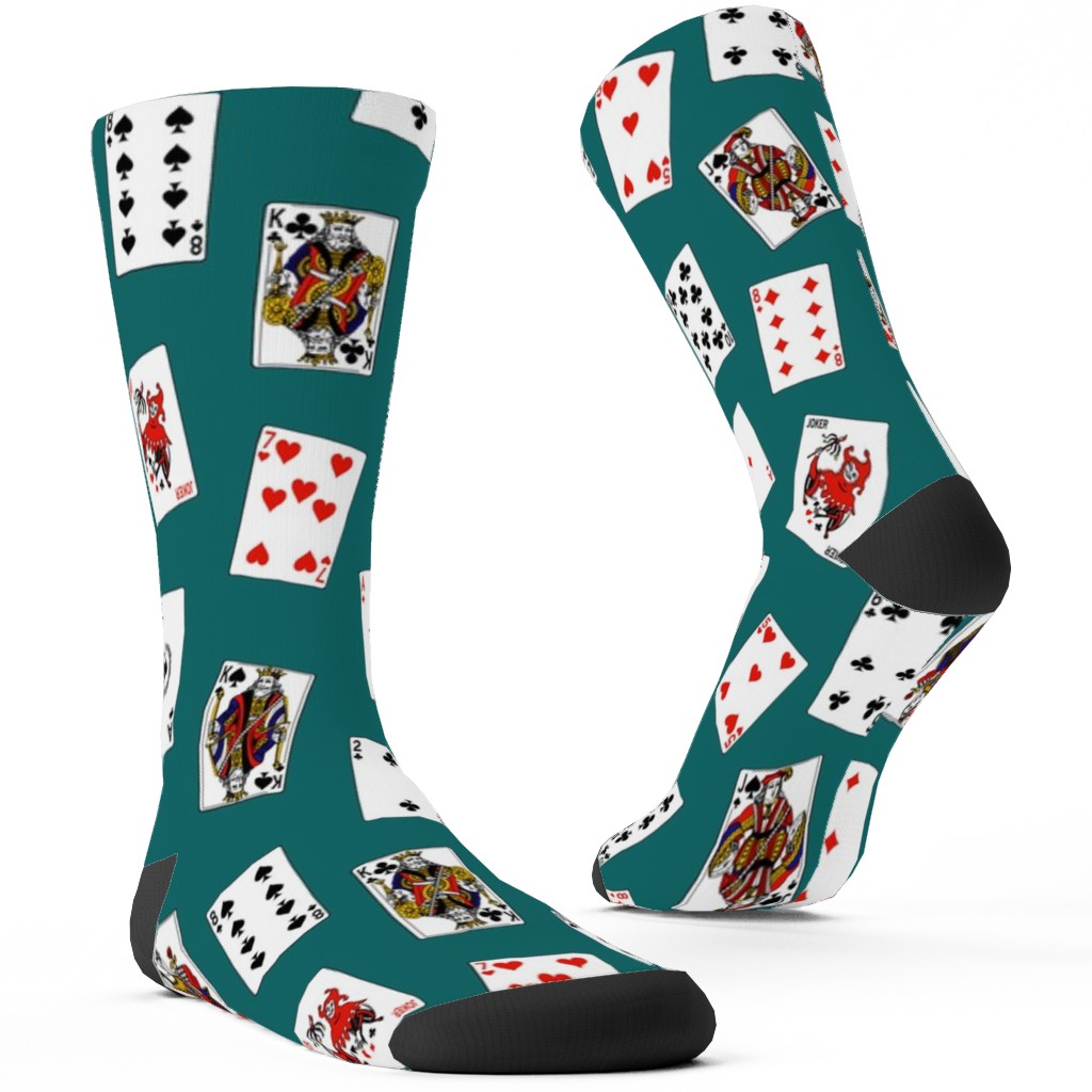 Scattered Playing Cards Custom Socks, Green, Jewel