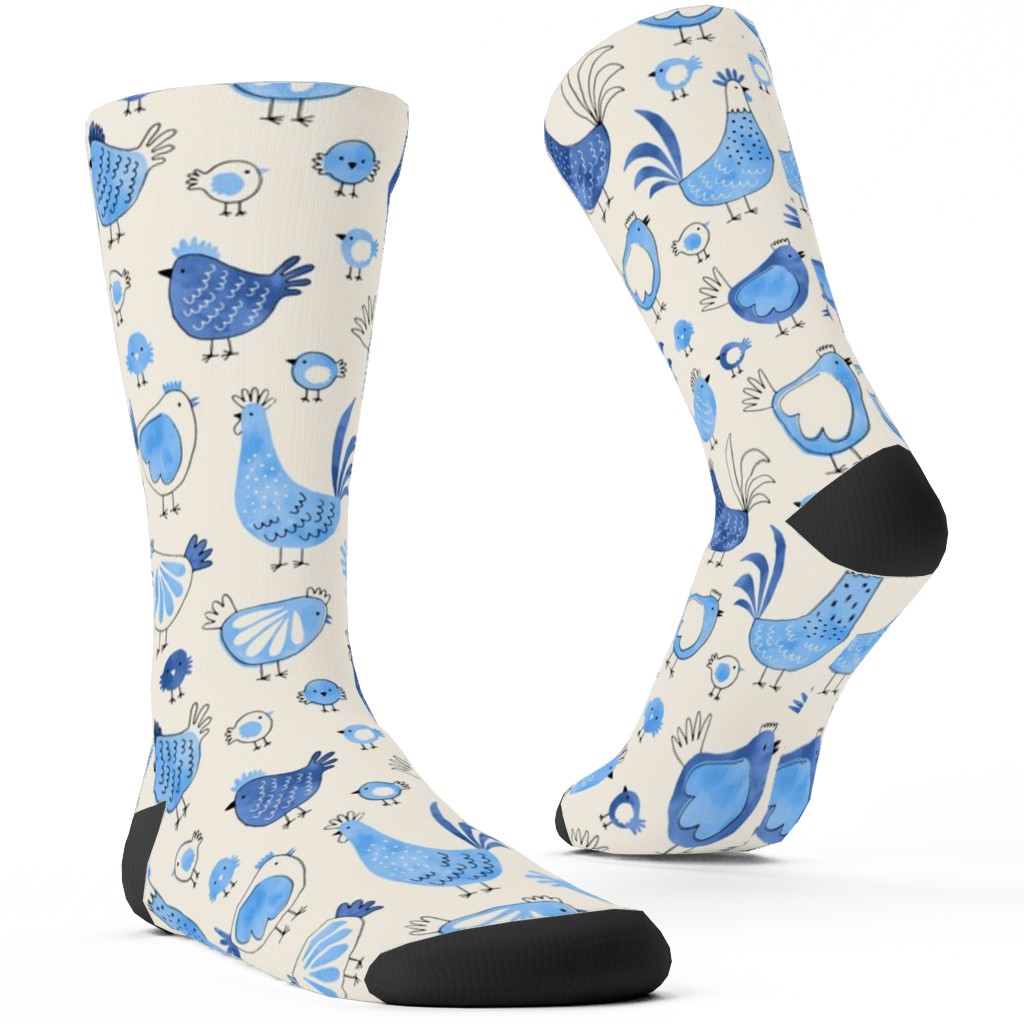 Chicken and Rooster - Watercolor - Blue on Creme Custom Socks, Blue, True Blue