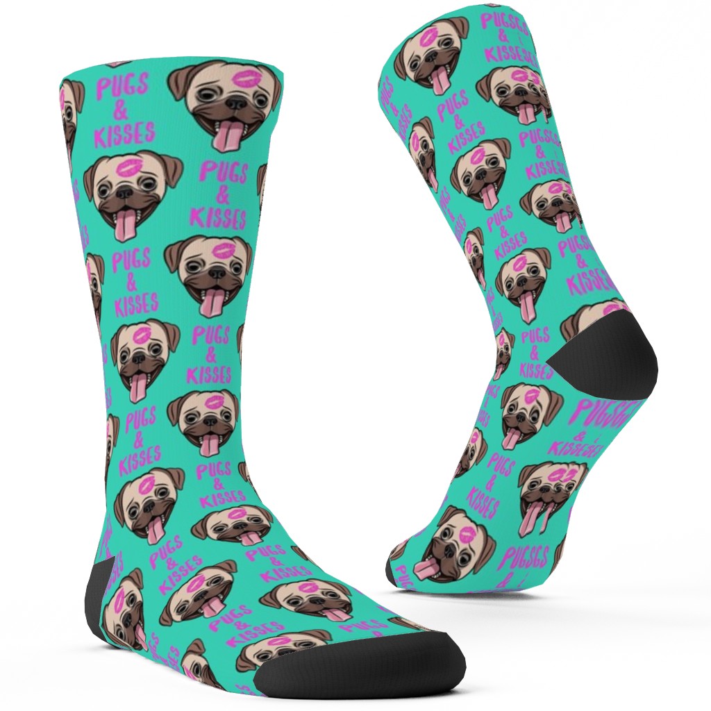 Pugs & Kisses - Cute Pug Dog - Teal Custom Socks, Green