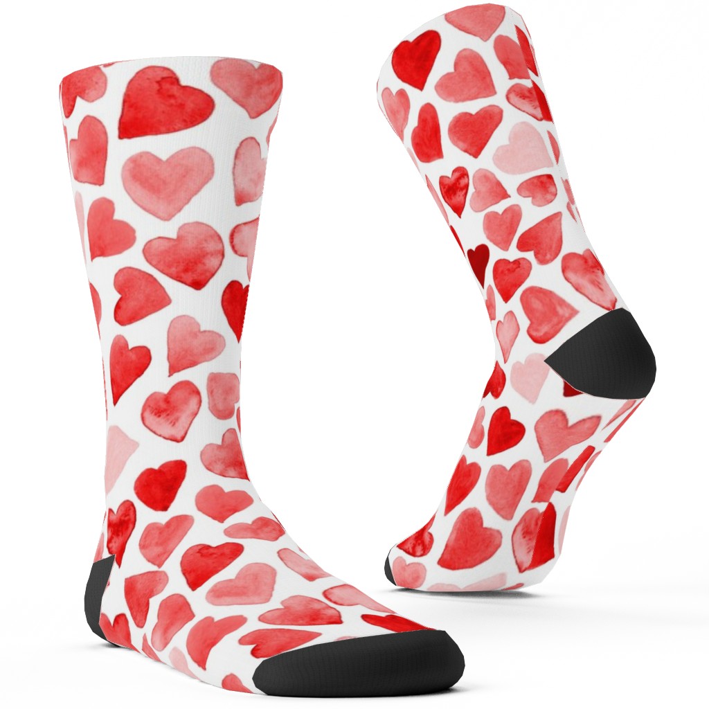Red Hearts Watercolor - Red Custom Socks, Red