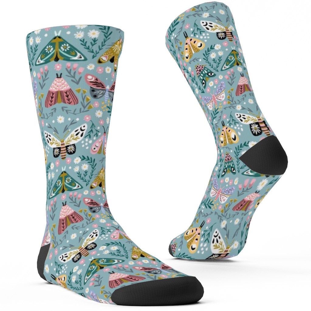 Spring Floral and Butterflies - Blue Custom Socks, Multicolor