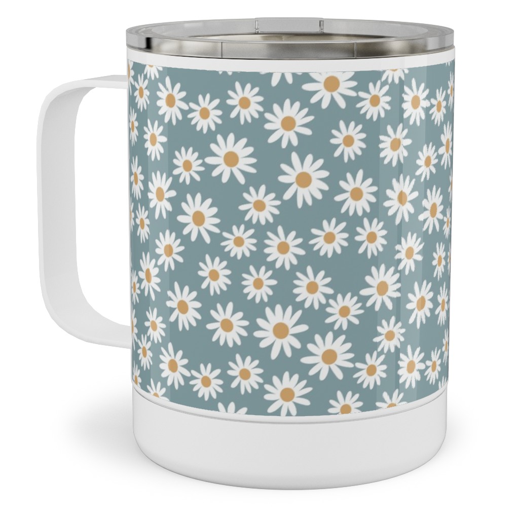Daisy Print Stainless Steel Mug, 10oz, Blue, Cool Gray