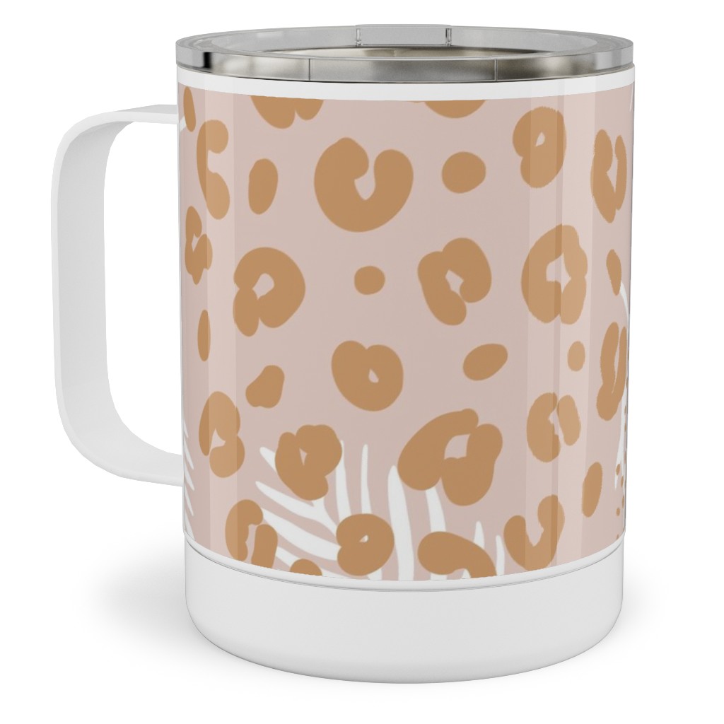 Palm Leaves and Animal Panther Spots - Beige Stainless Steel Mug, 10oz, Pink, Bright Pink