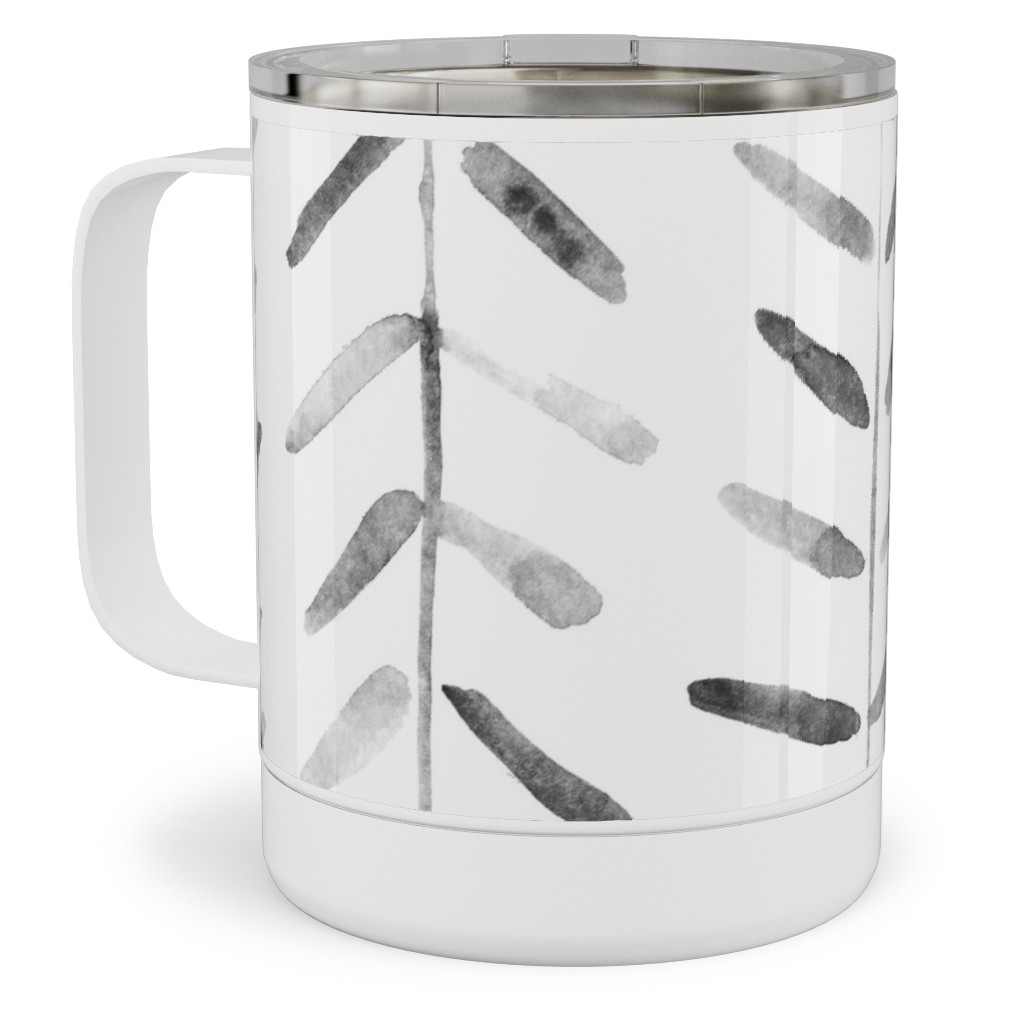Noir Watercolor Abstract Geometrical Pattern for Modern Home Decor Bedding Nursery Painted Brush Strokes Herringbone Stainless Steel Mug, 10oz, White, White