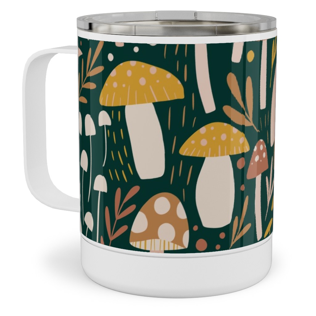 Woodland Mushroom Meadow - Green Stainless Steel Mug, 10oz, Green