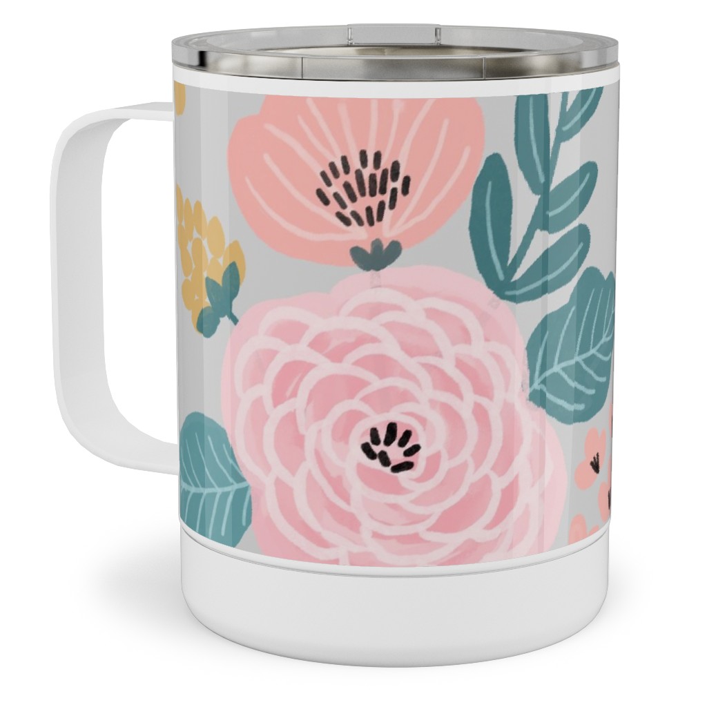 June Botanicals - Gray Stainless Steel Mug, 10oz, Pink, Bright Pink