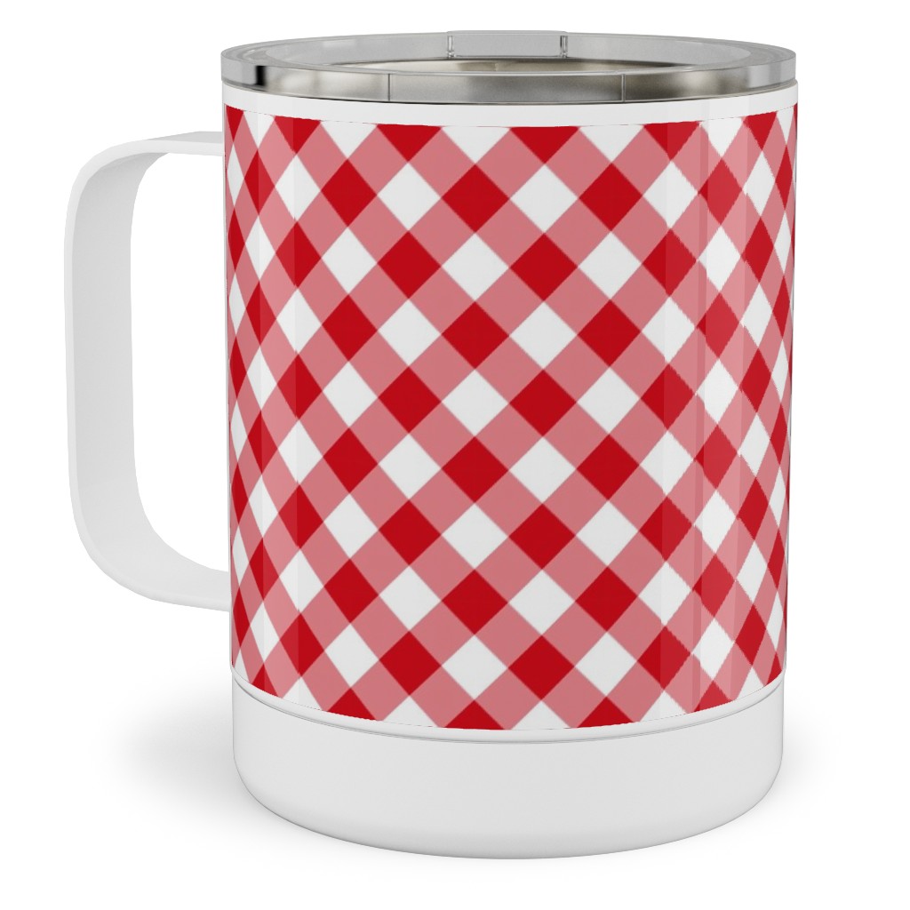 Diagonal Gingham - Red and White Stainless Steel Mug, 10oz, Red, Red