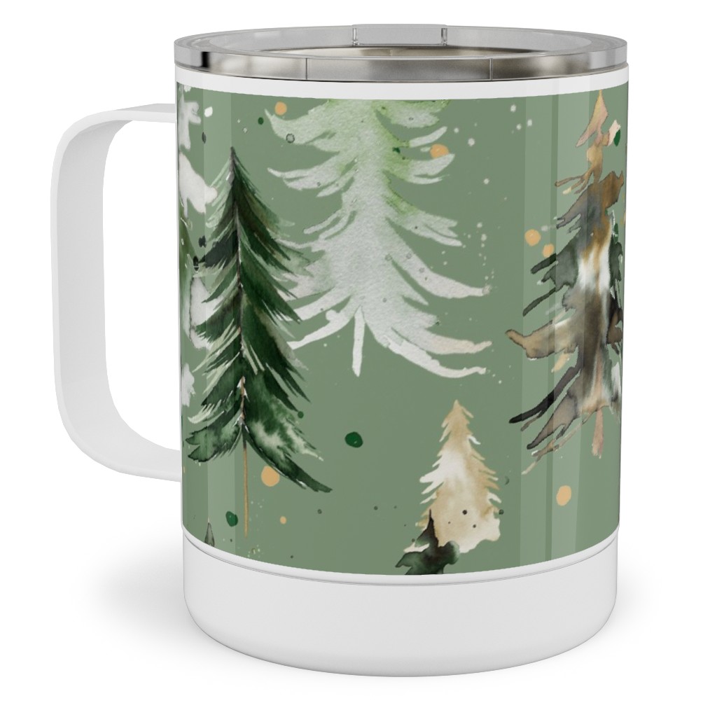 Watercolor Pines and Spruces Christmas - Green Stainless Steel Mug, 10oz, Green, Classic Green