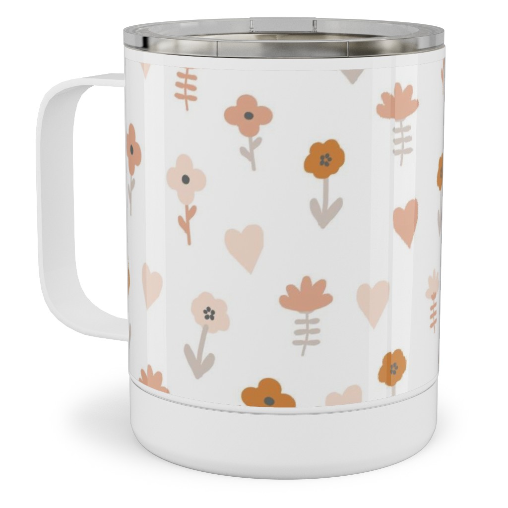 Wild Flowers - Boho - Neutral on White Stainless Steel Mug, 10oz, Pink, Bright Pink