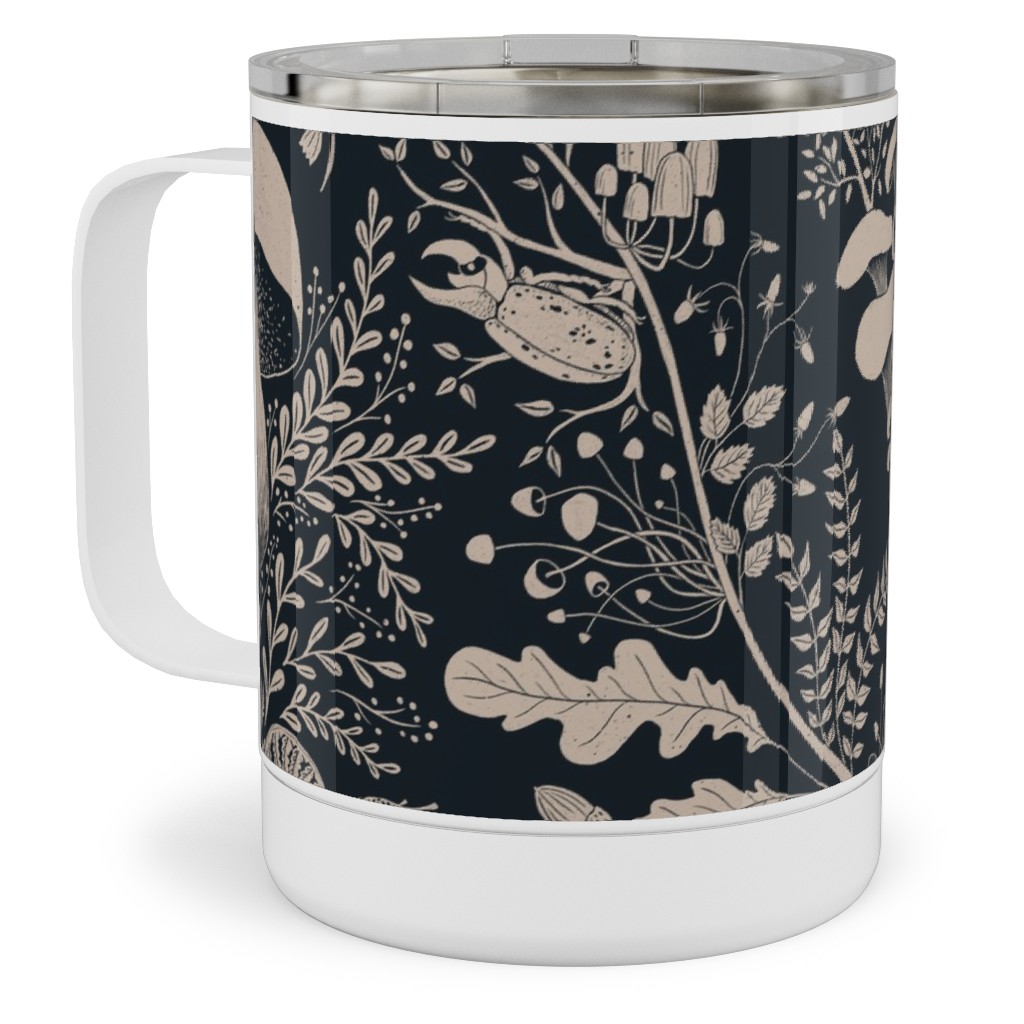 Mushroom Forest Damask - Dark Stainless Steel Mug, 10oz, Black, Black