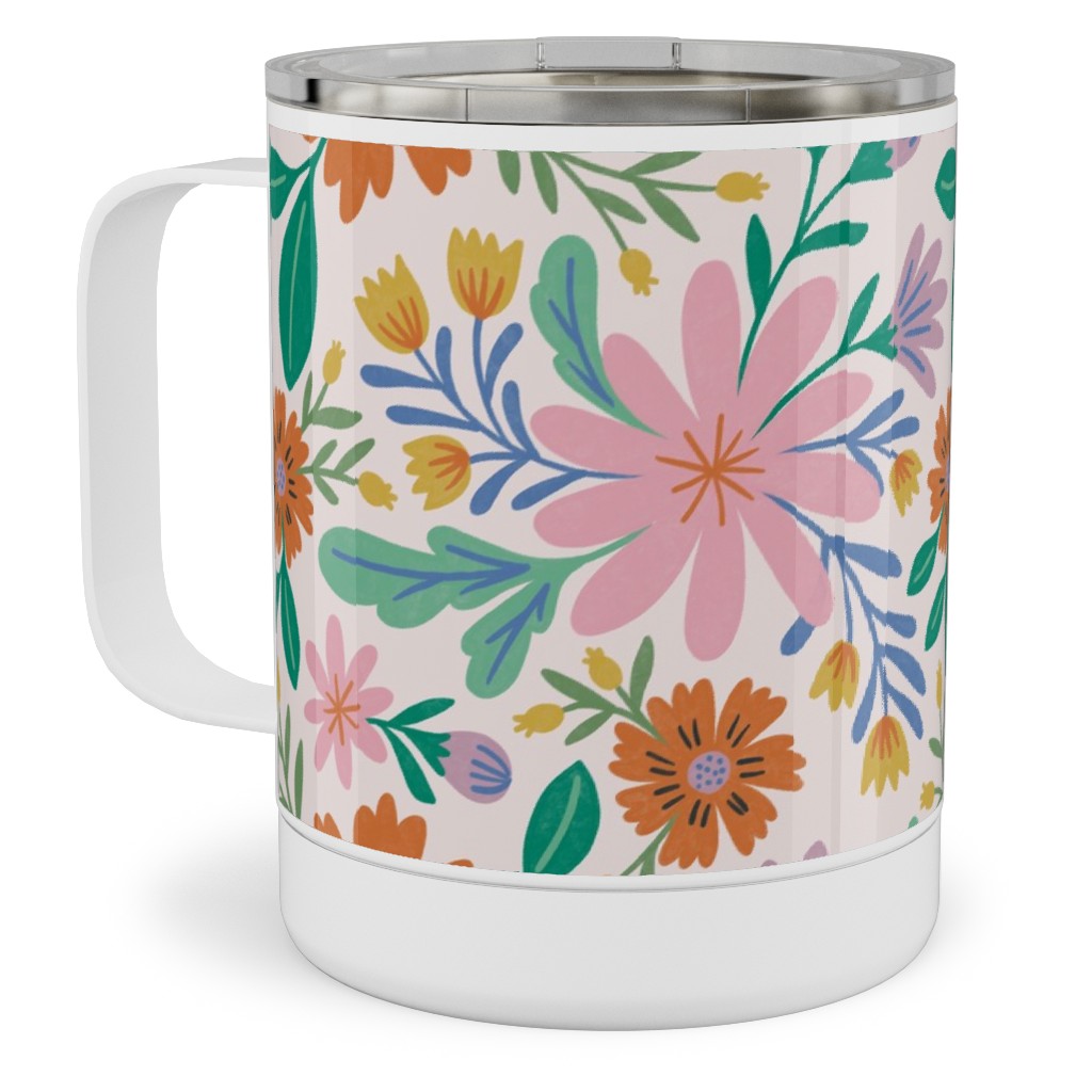 Happy Flowers - Pink Multi Stainless Steel Mug, 10oz, Pink