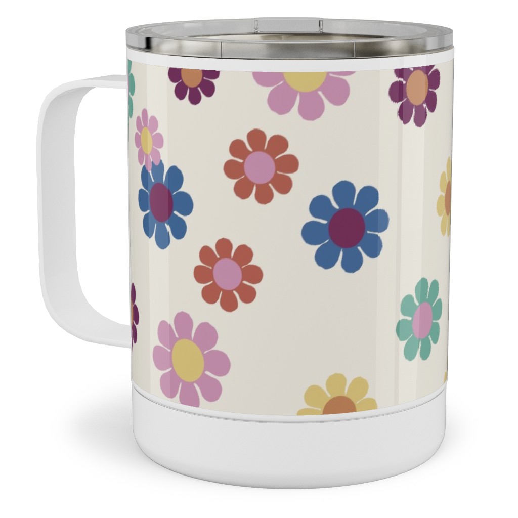 Rainbow Groovy Flowers Stainless Steel Mug, 10oz, Multicolor, Antique White