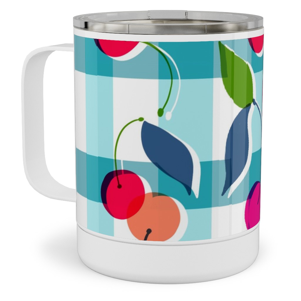 Cherry Gingham - Blue Stainless Steel Mug, 10oz, Blue