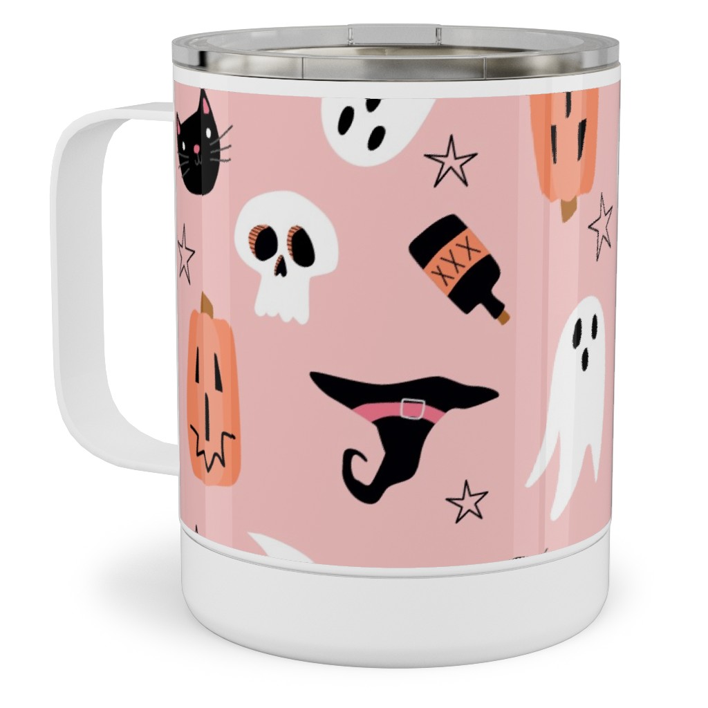 Sweet Halloween Pumpkin, Witch, Ghost, Cat Stainless Steel Mug, 10oz, Pink