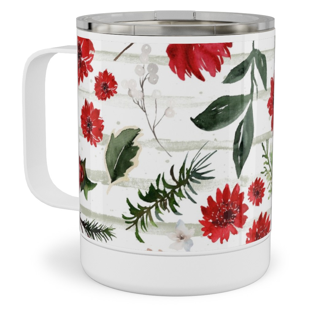Jolly Christmas Florals - Mint Sage Stripes Stainless Steel Mug, 10oz, Multicolor