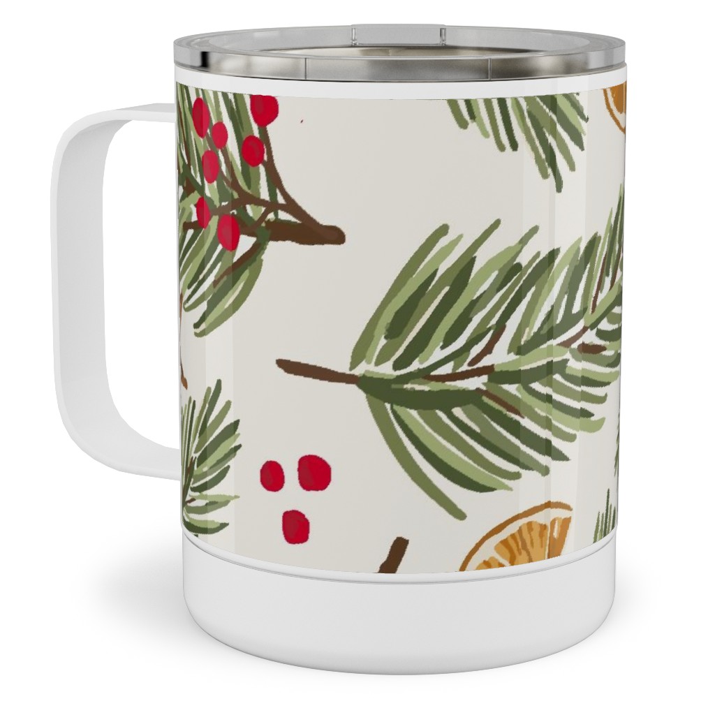 Festive Christmas Pine Sprigs and Orange Slices Stainless Steel Mug, 10oz, Multicolor
