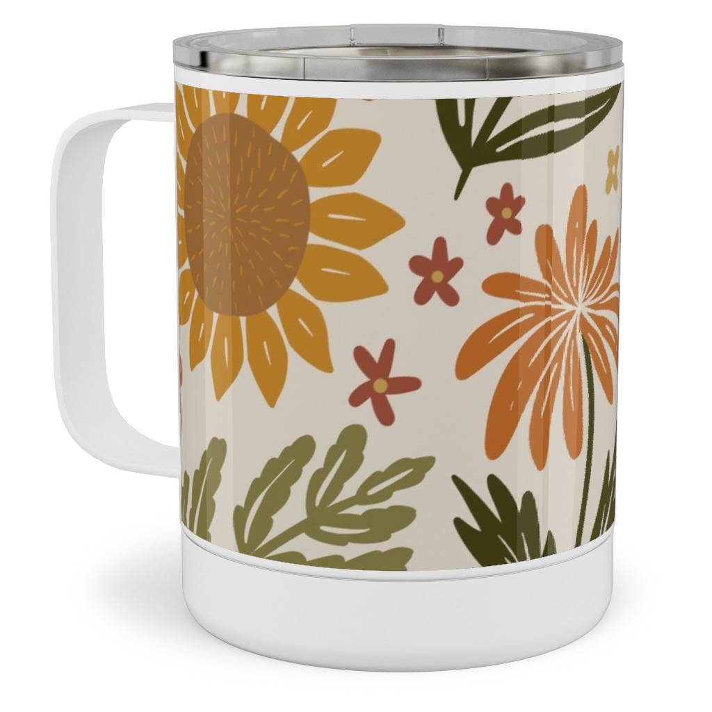 Autumn Botanicals - Leaves, Acorns, Sunflowers, Ferns, Mums, Pinecones, Mushrooms - Light Stainless Steel Mug, 10oz, Multicolor