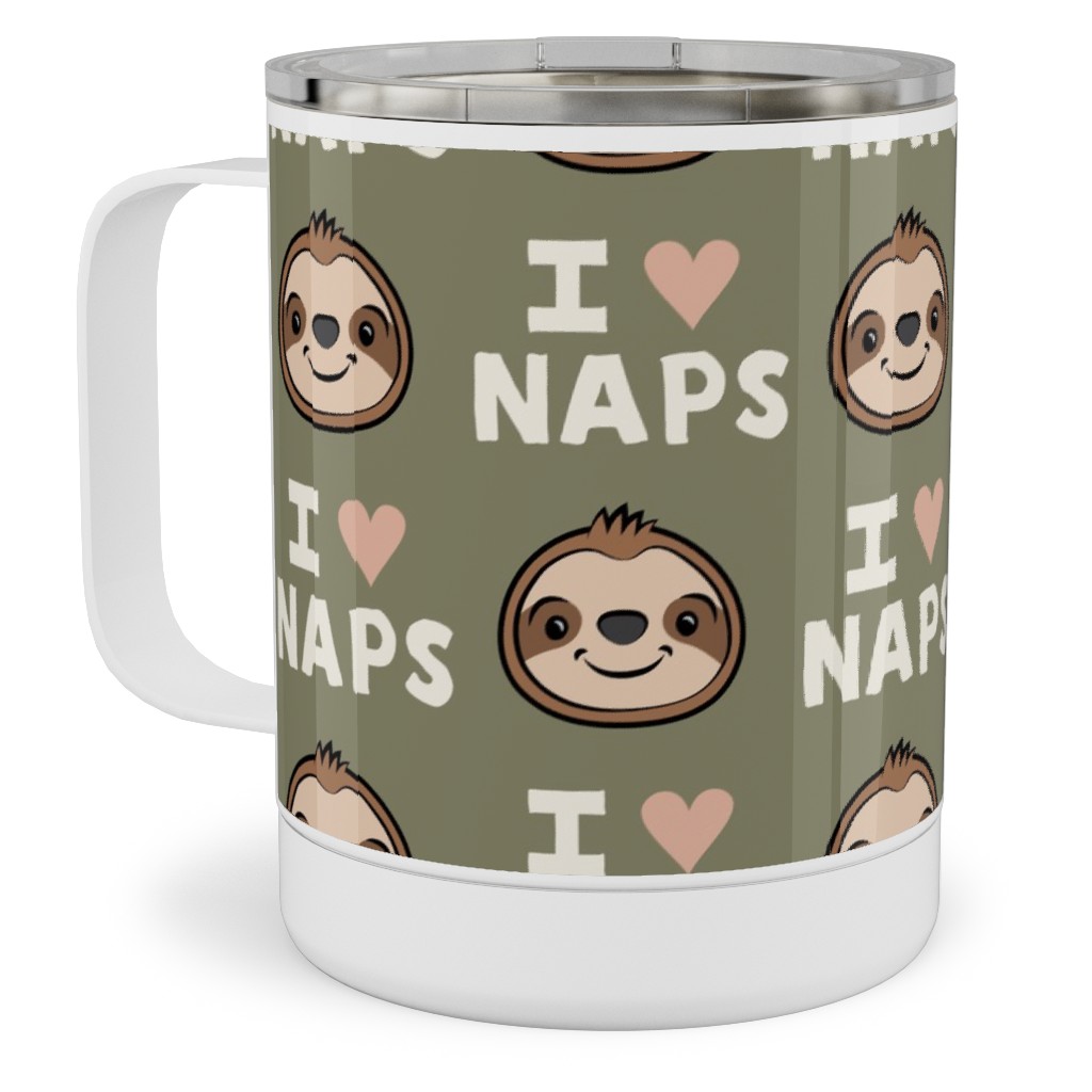 I Heart Naps - Cute Sloths - Olive Green Stainless Steel Mug, 10oz, Green