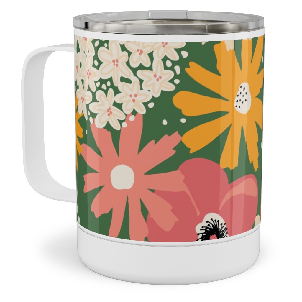 Summer Florals - Green Pink White and Orange Stainless Steel Mug, 10oz, Multicolor