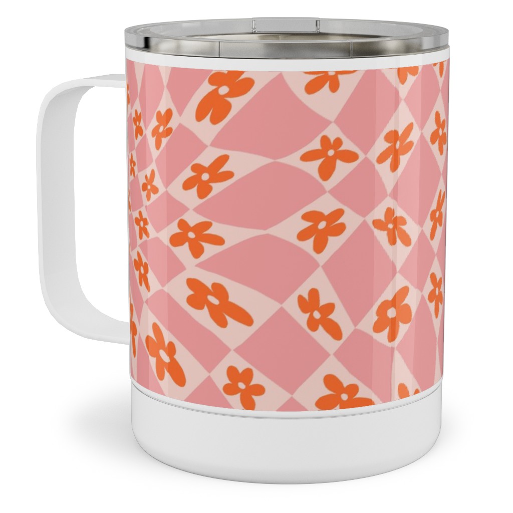 Trippy Checker - Floral - Pink and Orange Stainless Steel Mug, 10oz, Pink