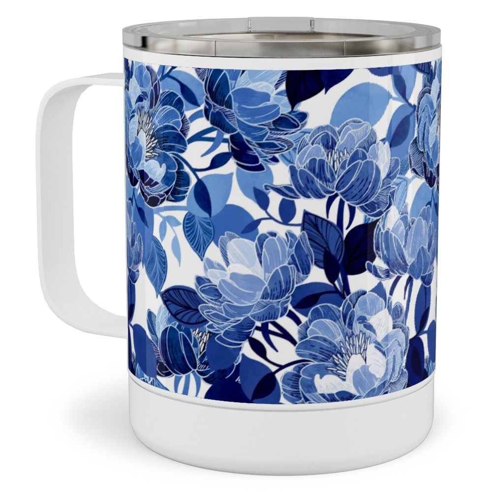 Chintz Peonies - Blue Stainless Steel Mug, 10oz, Blue