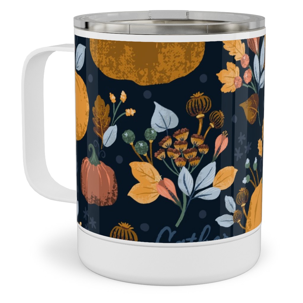 Smaller Scale Elegant Navy Fall Floral - Harvest Gratitude + Cozy Petal Solids Stainless Steel Mug, 10oz, Orange