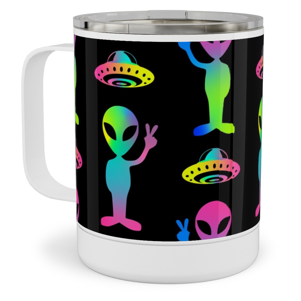 90's Rainbow Aliens and Ufos - Multi on Black Stainless Steel Mug, 10oz, Black, Black