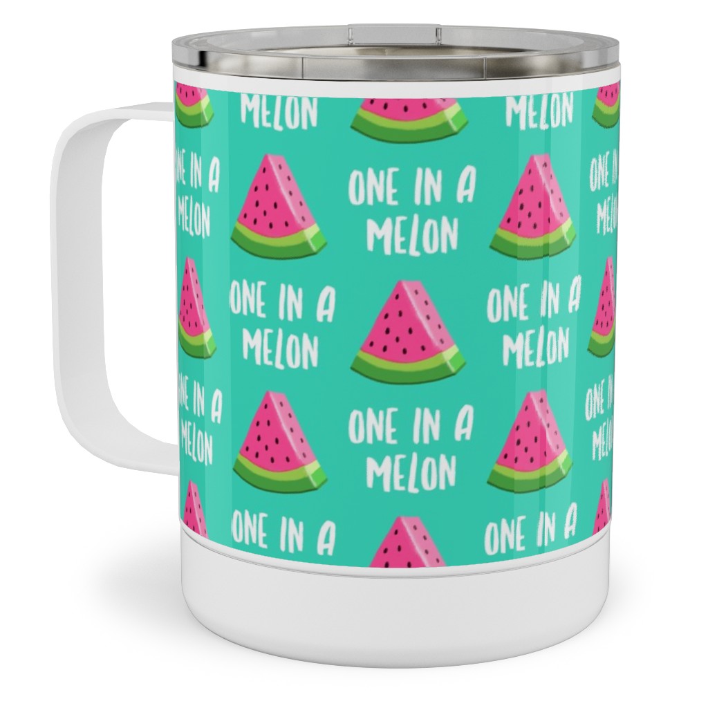 One in a Melon - Watermelon - Pink on Teal Stainless Steel Mug, 10oz, Green
