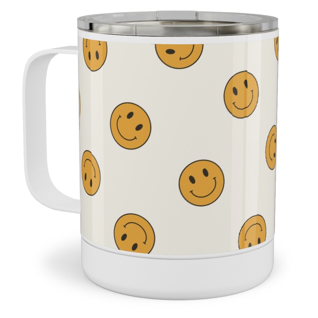 Retro Smiley Face - Cream and Yellow Stainless Steel Mug, 10oz, Yellow, Classic Yellow