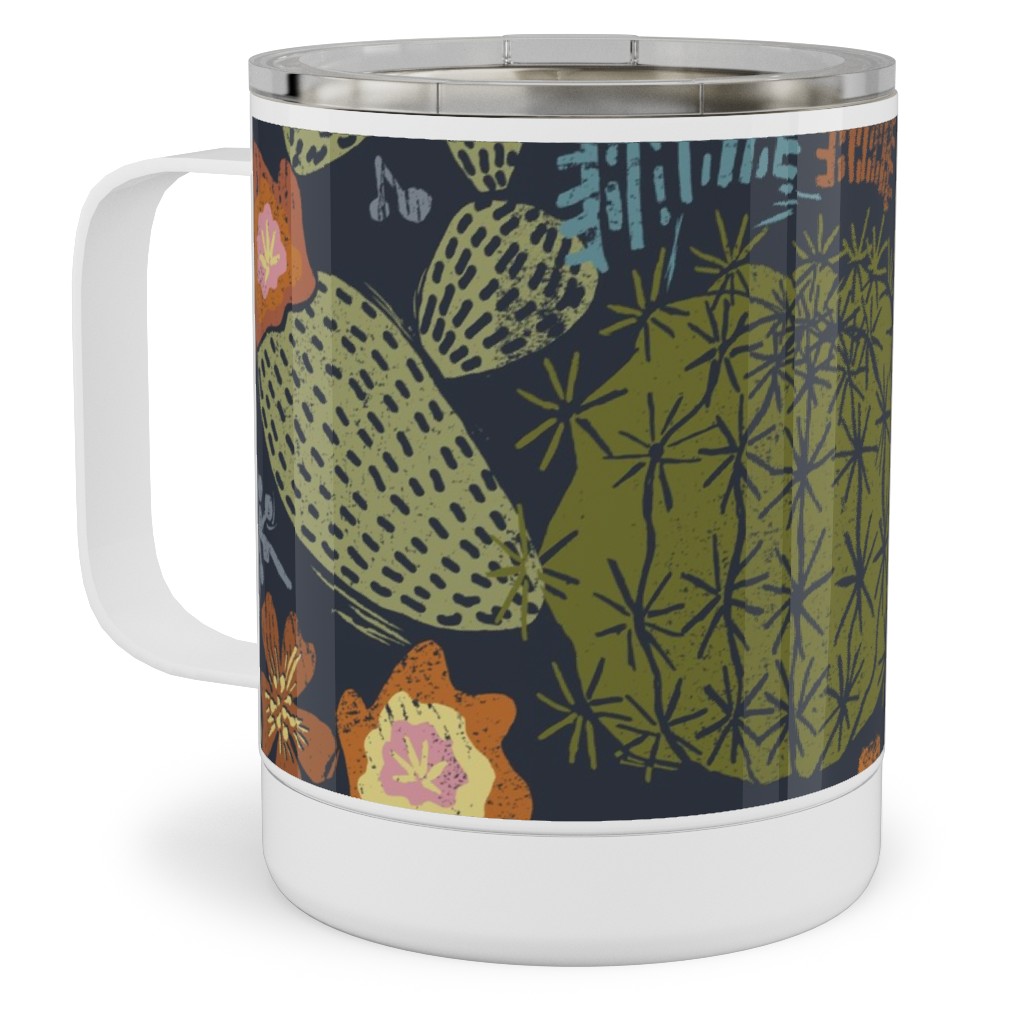 Cactus Garden - Block Print Style - Dark Stainless Steel Mug, 10oz, Green, Classic Green