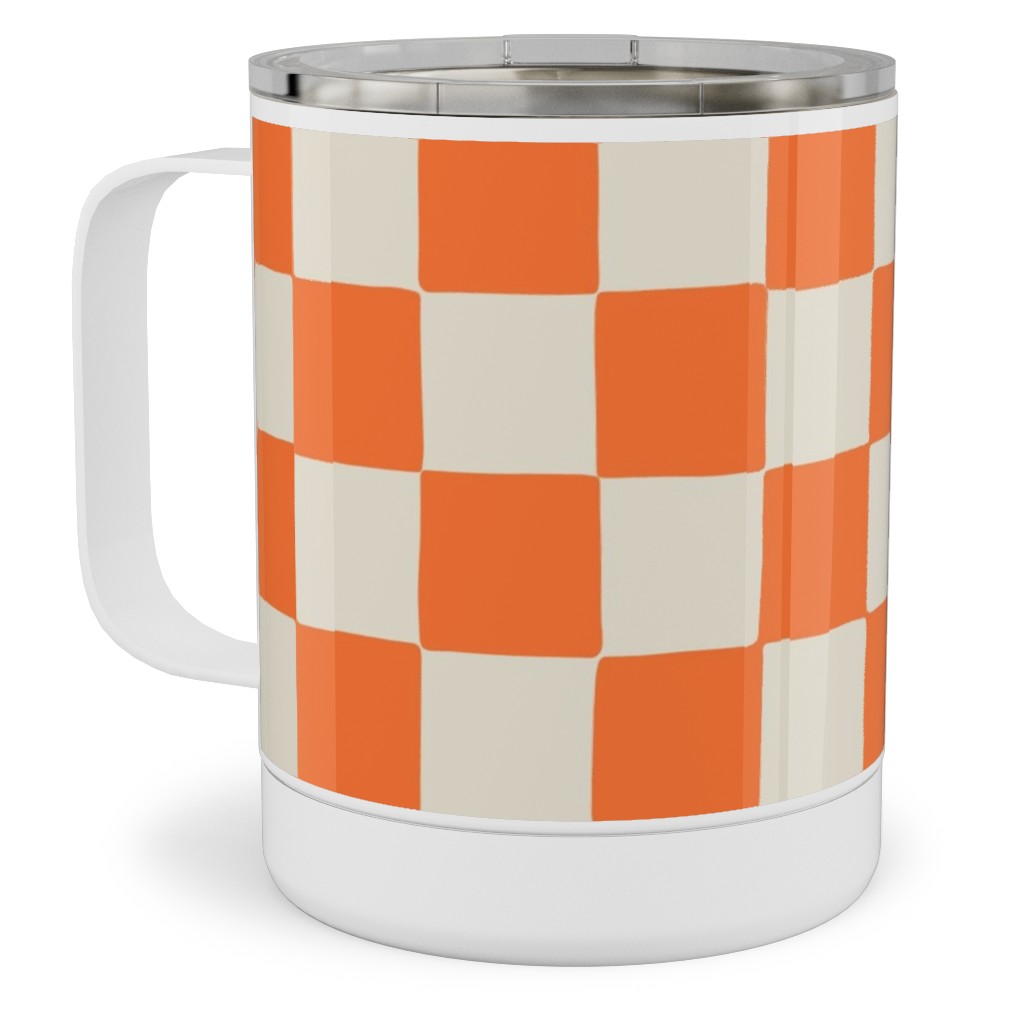 Retro Checkerboard - Bright Orange Stainless Steel Mug, 10oz, Orange