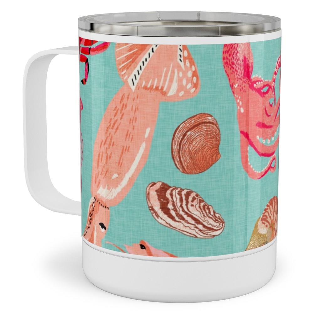 Ocean Creatures - Red on Green Stainless Steel Mug, 10oz, Red, Red