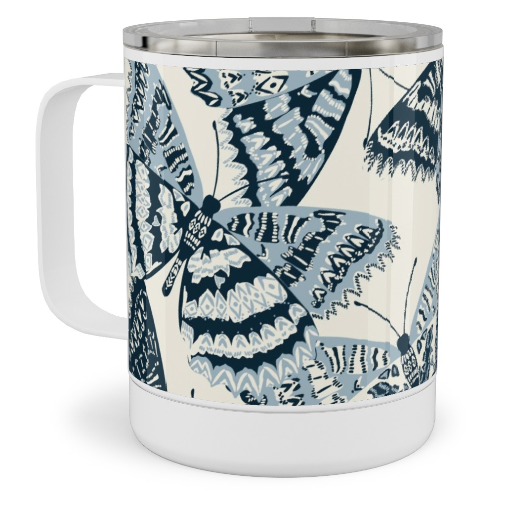 Butterfly - Hand Drawn - Blue Stainless Steel Mug, 10oz, Blue