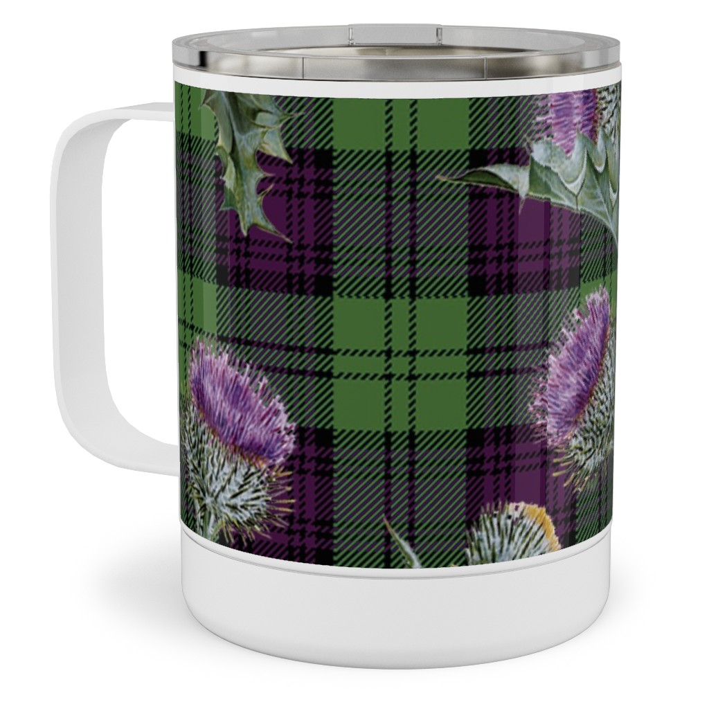 Feochadan Tartan - Green and Purple Stainless Steel Mug, 10oz, Green, Classic Green