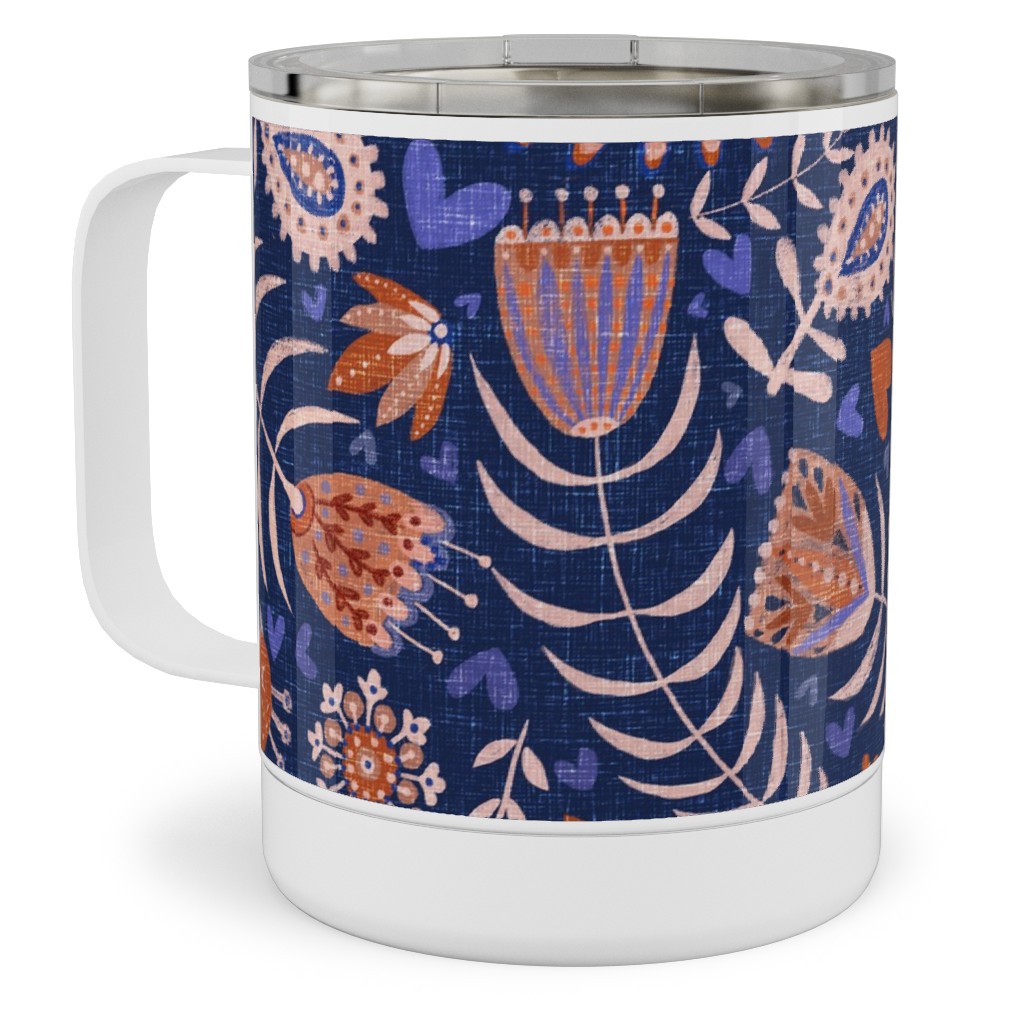 Swedish Folk Art Birds - Blue Stainless Steel Mug, 10oz, Blue, True Blue