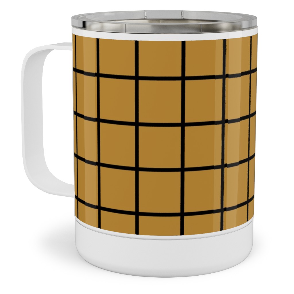 Square Grid Stainless Steel Mug, 10oz, Brown, Golden