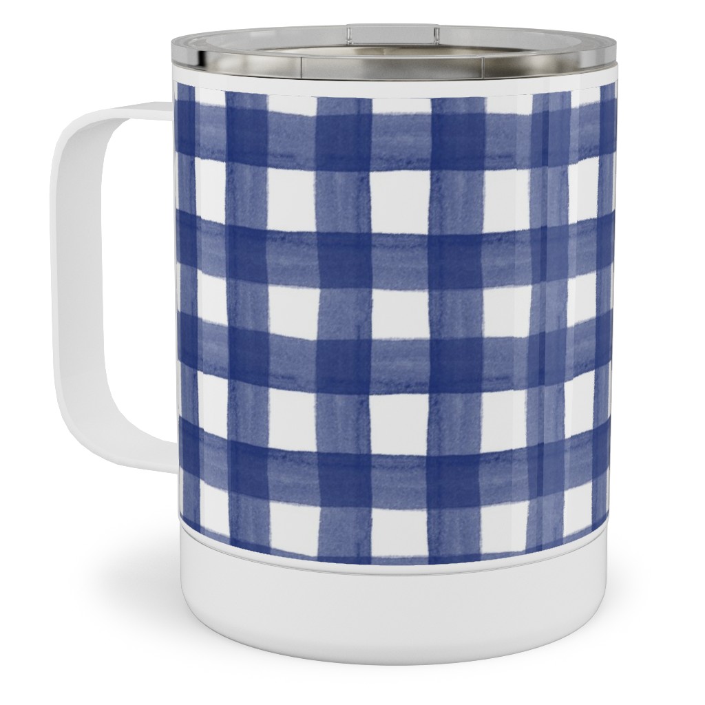 Watercolor Gingham - Navy Blue Stainless Steel Mug, 10oz, Blue, True Blue