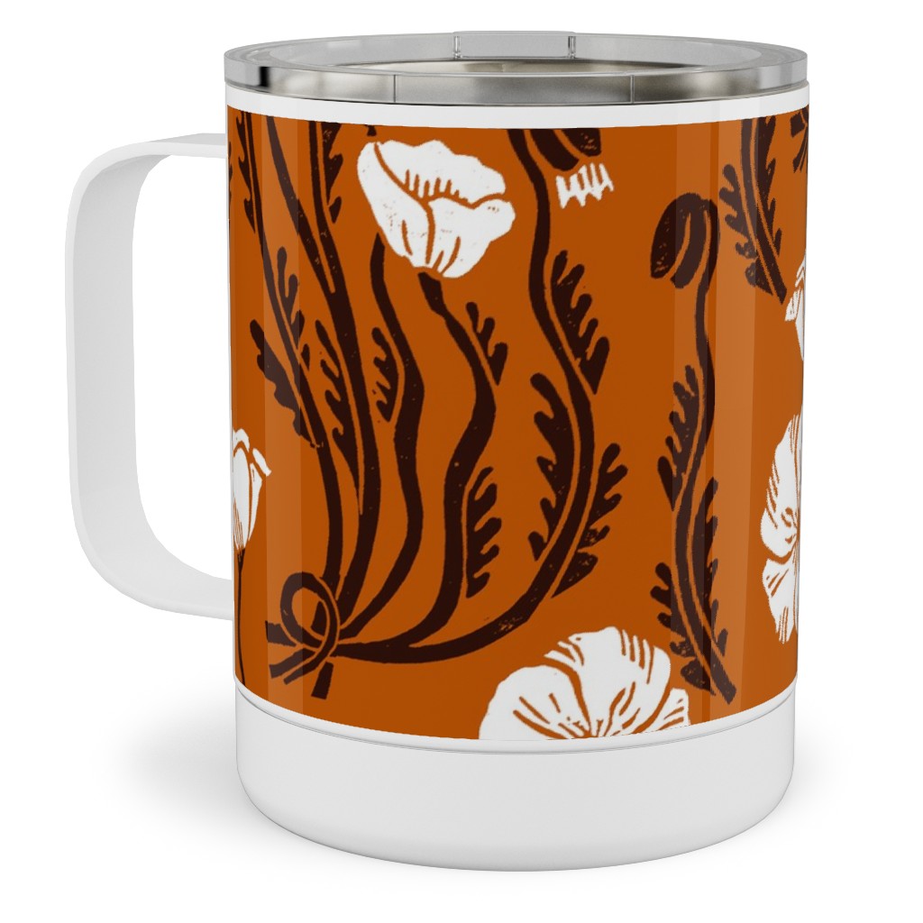 Poppy, Fall Harvest Block Printed Vintage Florals Stainless Steel Mug, 10oz, Orange, Orange