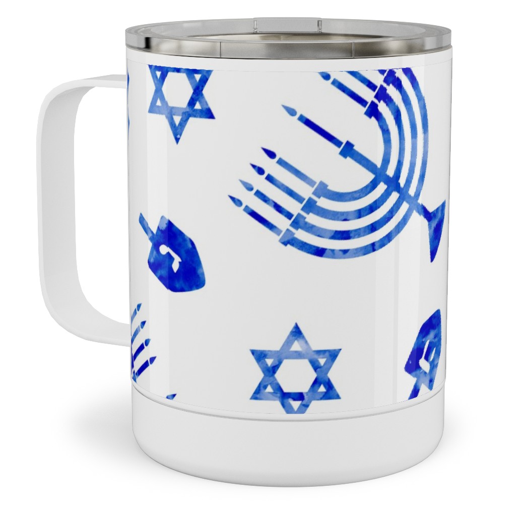 Watercolor Hanukkah Menorah, Dreidel, Star of David - Blue Stainless Steel Mug, 10oz, Blue, True Blue