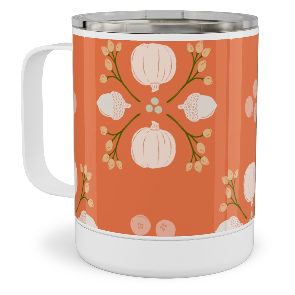 Bright Orange Acorn, Cranberry, & Pumpkin Fall Foliage Damask Stainless Steel Mug, 10oz, Orange, Orange
