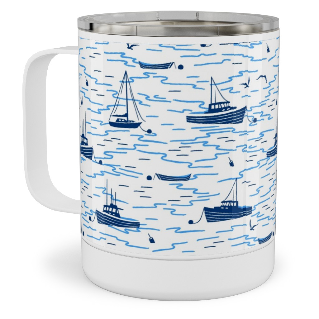 Harbor Boats - White Stainless Steel Mug, 10oz, Blue