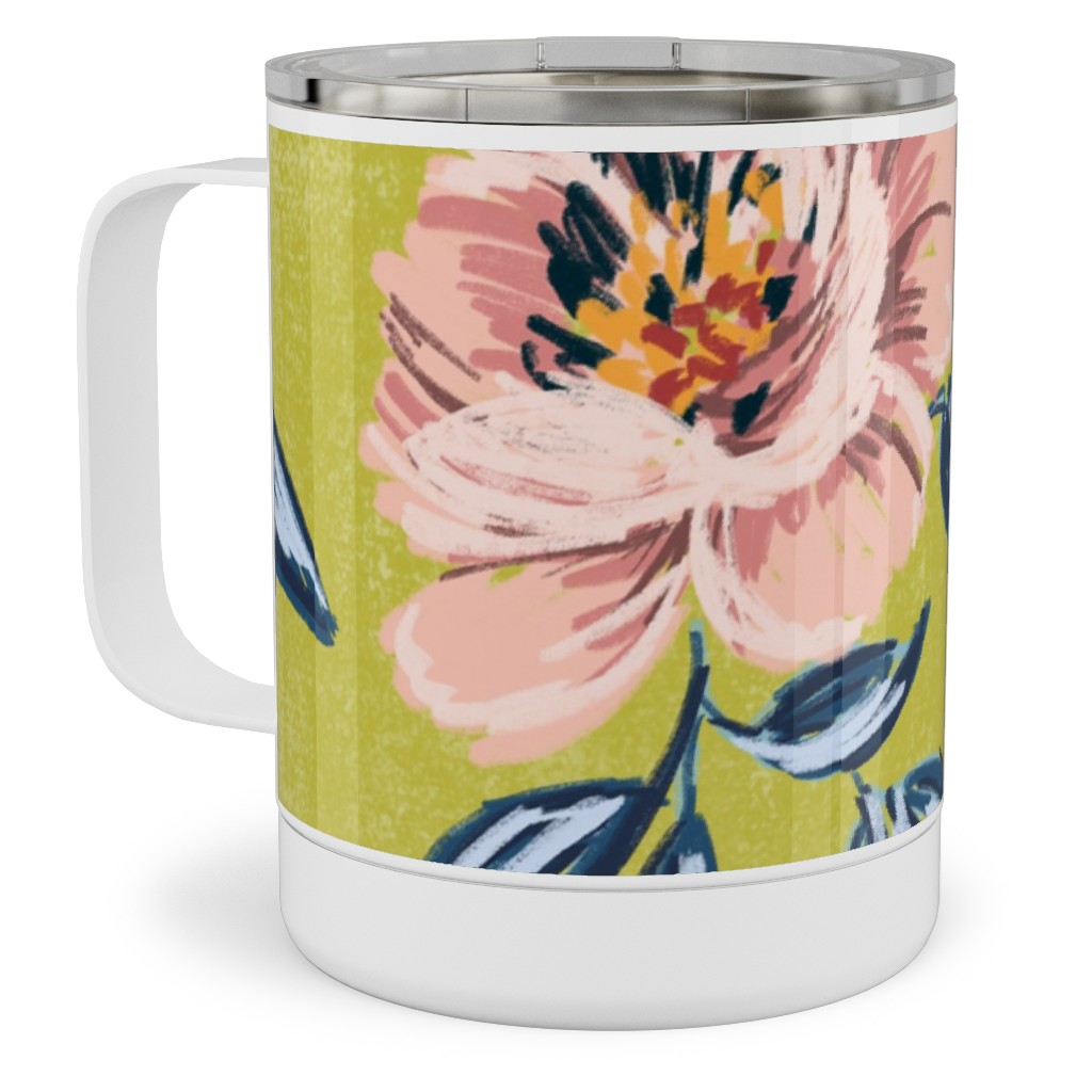 Pink Peonies Stainless Steel Mug, 10oz, Green